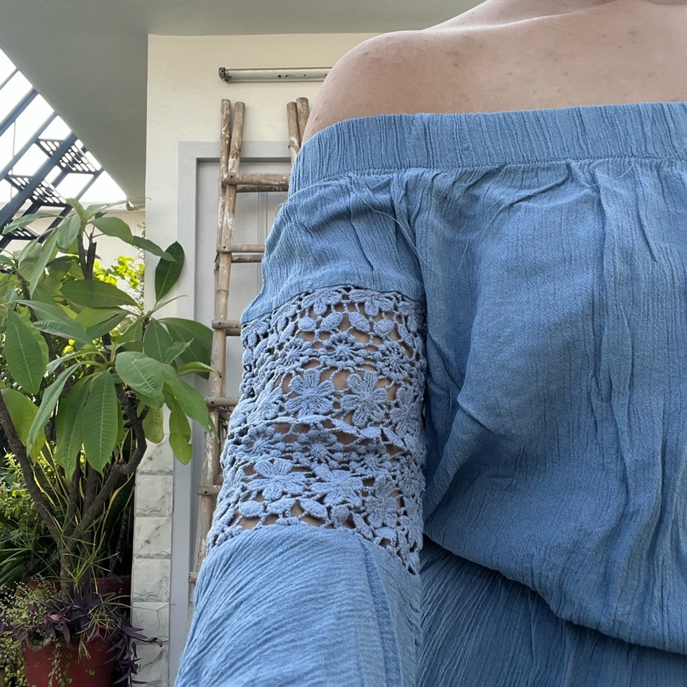 NWOT Blue Off Shoulder Drawstring Romper / Blue Off Shoulder Drawstring Playsuit - Picture 6 of 6